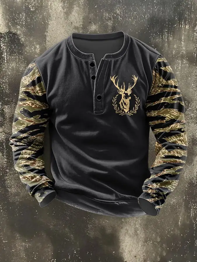 Men's Vintage Western Elk Print Henley Neck Sweatshirt