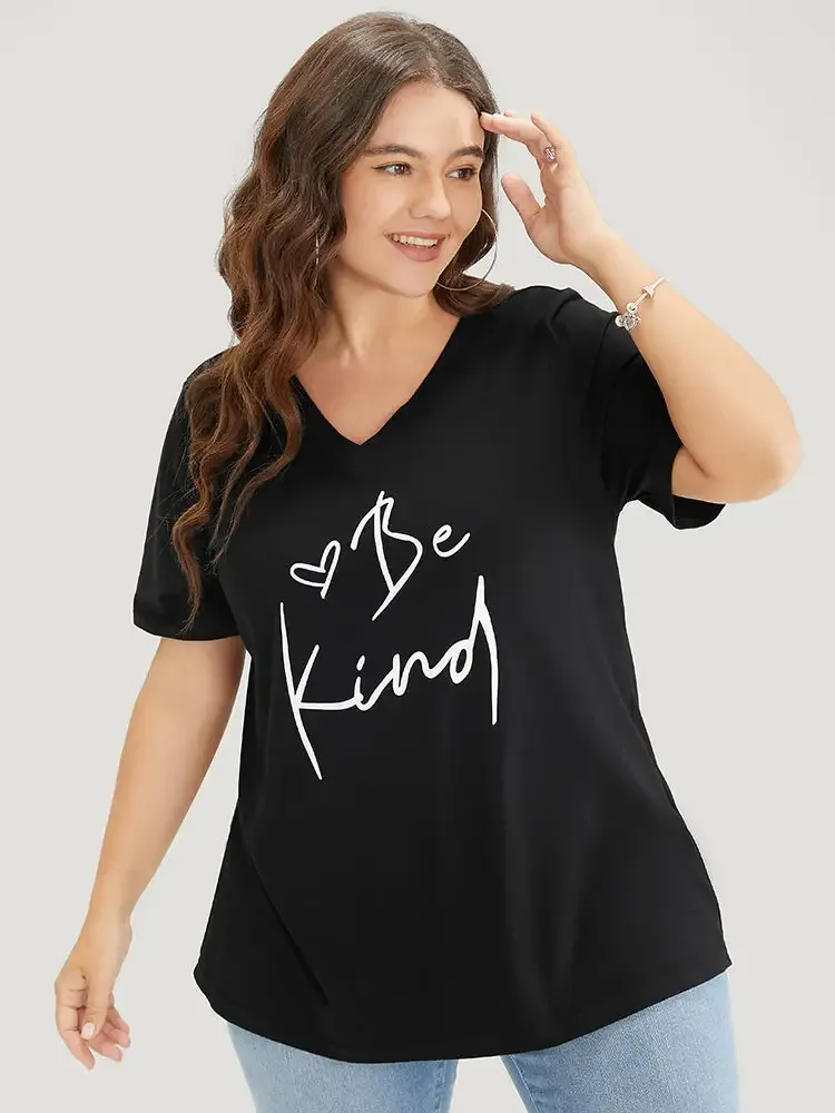 Letter & Heart Print V Neck T-shirt