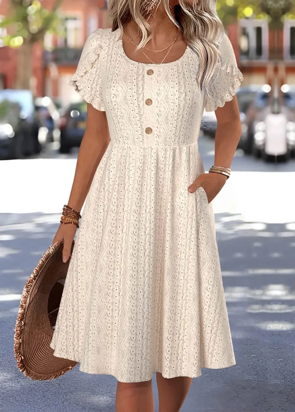Beige Short Sleeve Boat Neck Dress