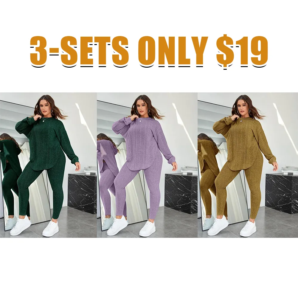 【Plus Size】 Plain Split Curved Hem Hoodie & Leggings Lounge Two-piece Set, Casual Fashion Cozy Breathable Two Piece Outfits for Daily Home Wear