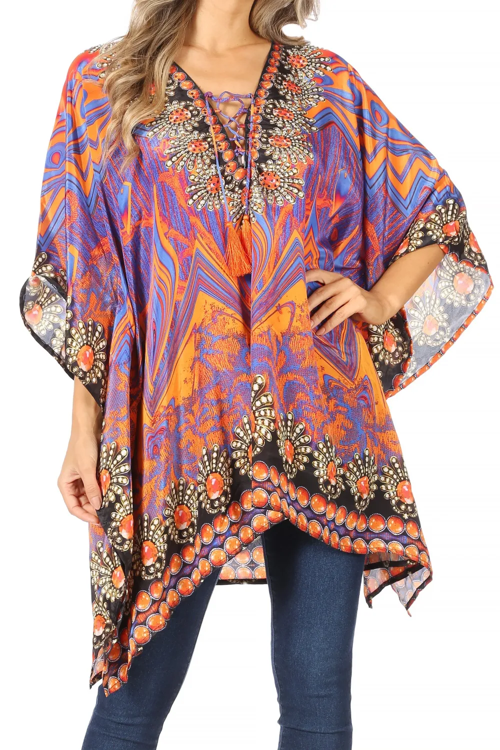 Women's Caftan Poncho Cover up V neck Top Lace up With Rhinestone