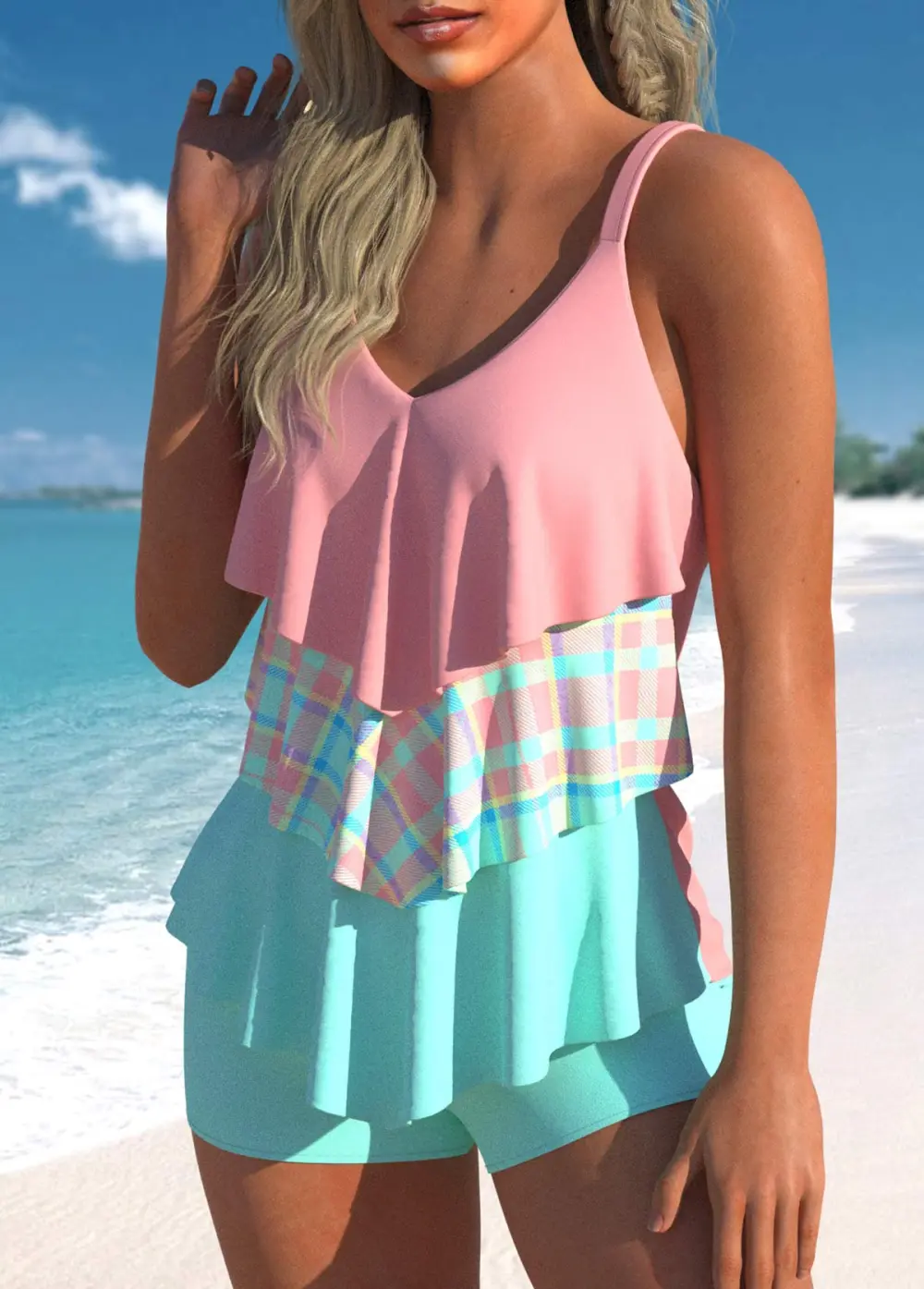Handkerchief Hem Pink Plants Print Tankini Set