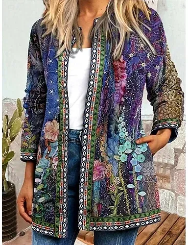 Women's Casual Lightweight Coat Open Front Work Print Geometric Comfortable Boho Vintage Regular Fit Long Sleeve With Pocket Outerwear Long Sleeve Fall Lake blue S