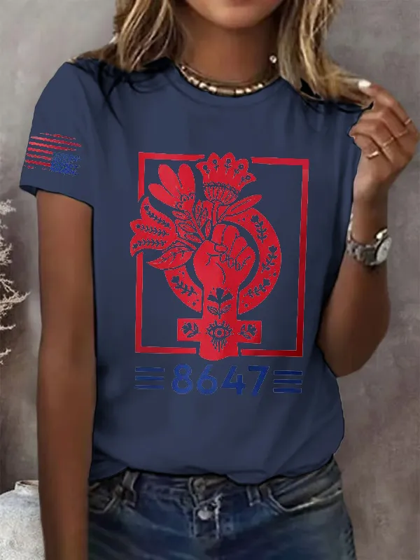 Women'S T-Shirt Retro 8647 Fist Print T-Shirt Round Neck Pure Cotton Short Sleeves