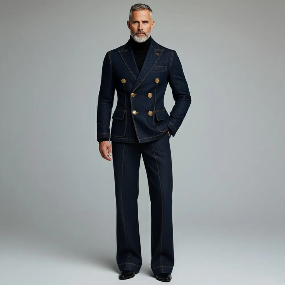Men's Navy Blue Denim Double Breasted Contrast Stitched Flap Pockets Blazer & Jeans 2Pcs Set