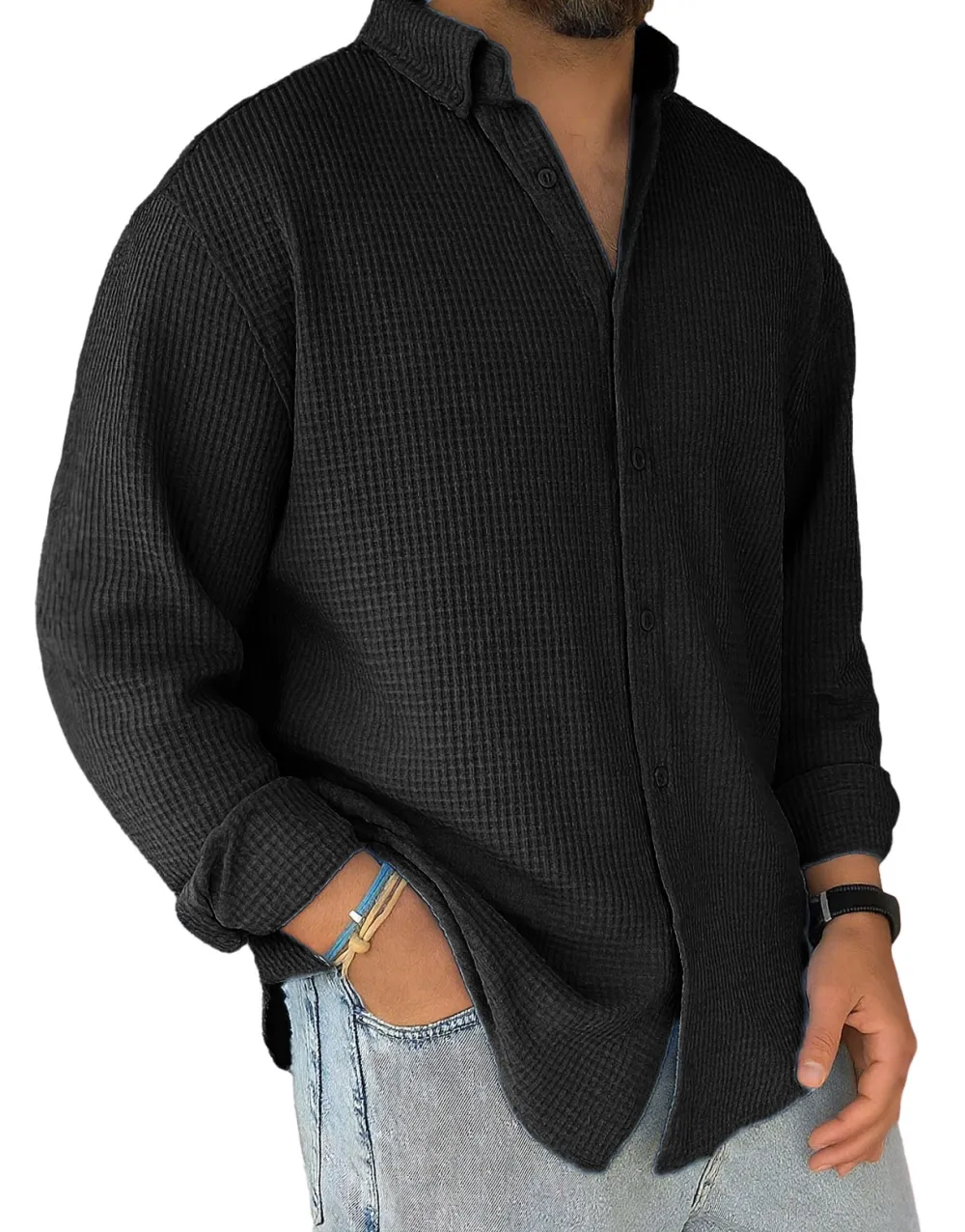 Men's Stylish Casual Everyday Waffle Long-sleeved Lapel Shirt 