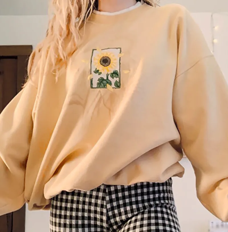 Loose Thin Sunflower Printed Long Sleeve Hoodie