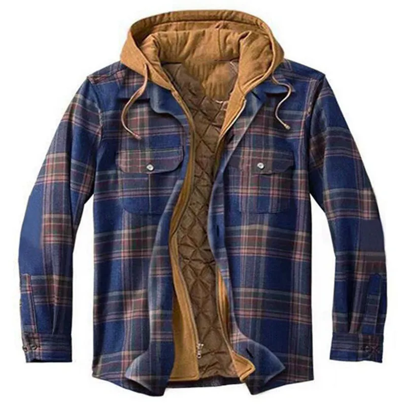 Mens Winter Plaid Thick Casual Hoodie Jacket