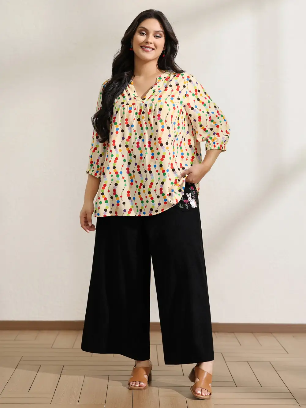 Colorful Polka Dots Rayon Notched Collar Blouse