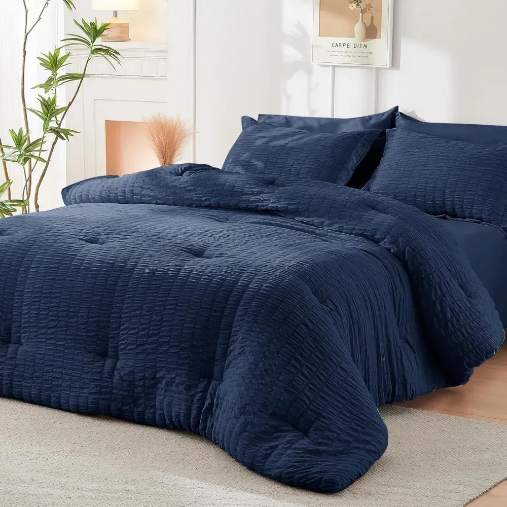 Queen Comforter Set Seersucker 7 Pieces, All Season Luxury Bed in a Bag for Bedroom, Bedding Set with Comforters, Sheets, Pillowcases & Shams, Dark Grey