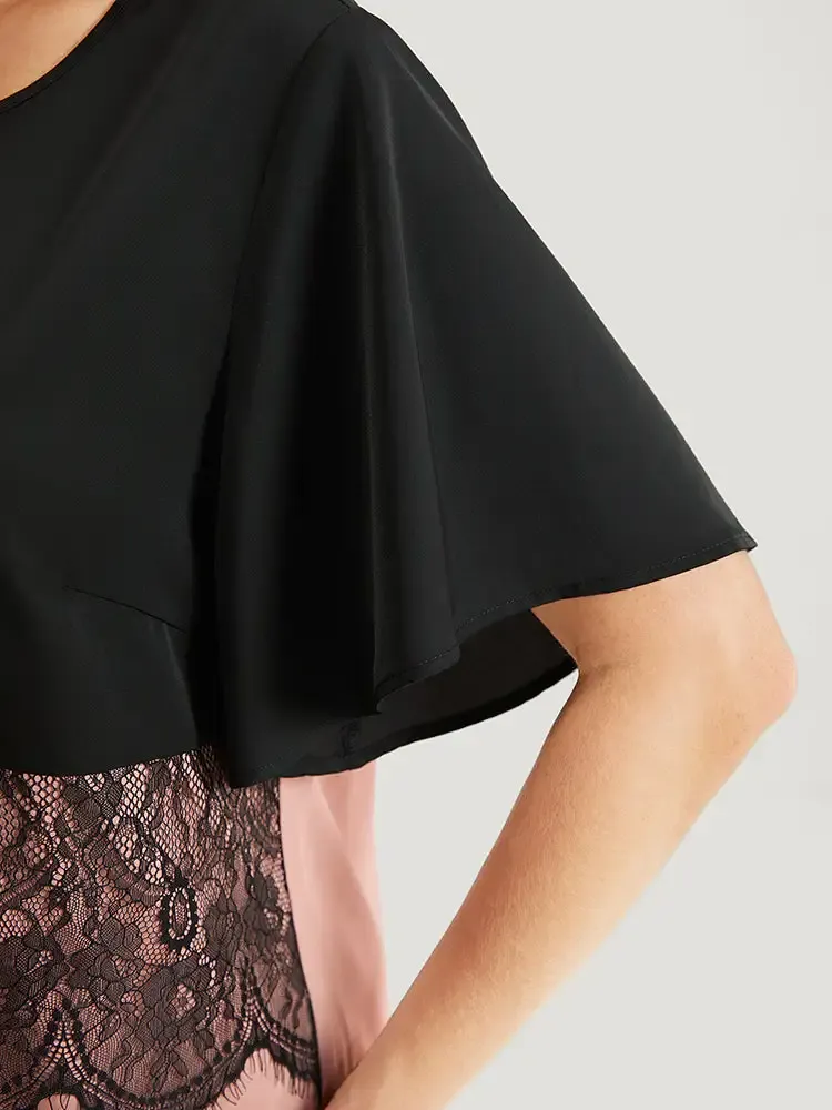 Colorblock Contrast Lace Panel Ruffles Blouse
