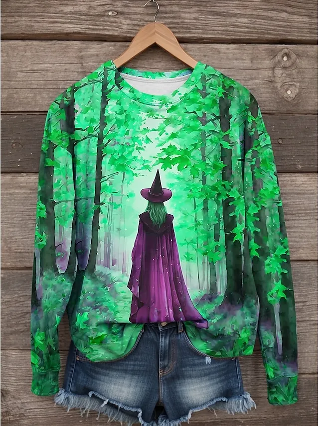 Women's Sweatshirt Halloween Witch Halloween Print Yellow Purple Green Casual Loose Fit Crew Neck Long Sleeve Inelastic Spring Fall