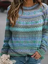 Women's Sweater Fair Isle Sweater Pullover Casual Soft Floral Ribbed Crew Neck Knitted Print Long Sleeve Regular Tops Knit Outdoor Daily Holiday Red Blue Fall Winter