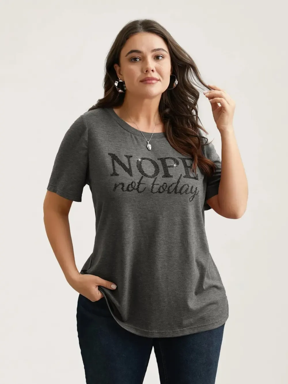 Nope Not Today Print Rhinestone Round Neck T-Shirt