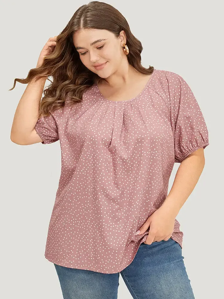 Polka Dot Pleated Round Neck Puff Sleeve Blouse