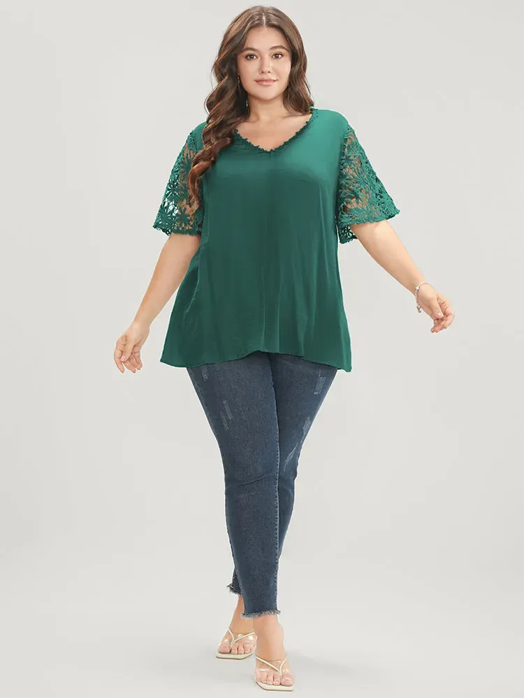 Plain V Neck Floral Patchwork Blouse