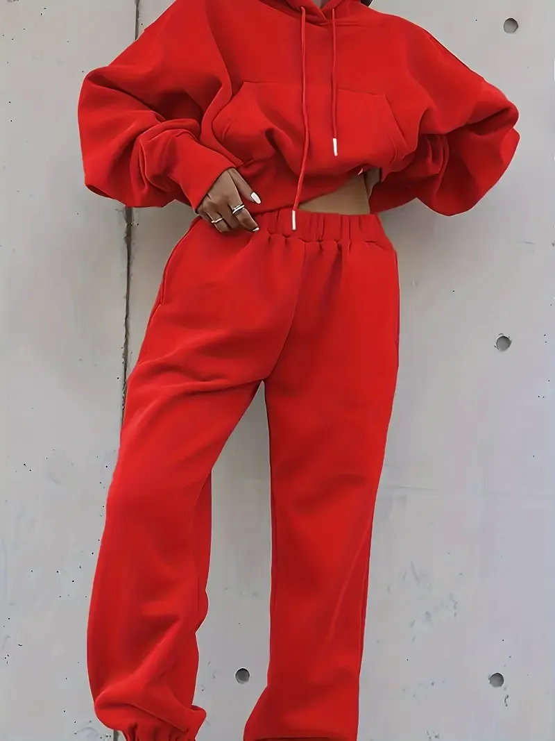 2PCS Oversized Athleisure Set: Solid Hooded Pocket Drawstring Sweatshirts & Sweatpants Sets for Women, Plus Size Comfortable Clothing