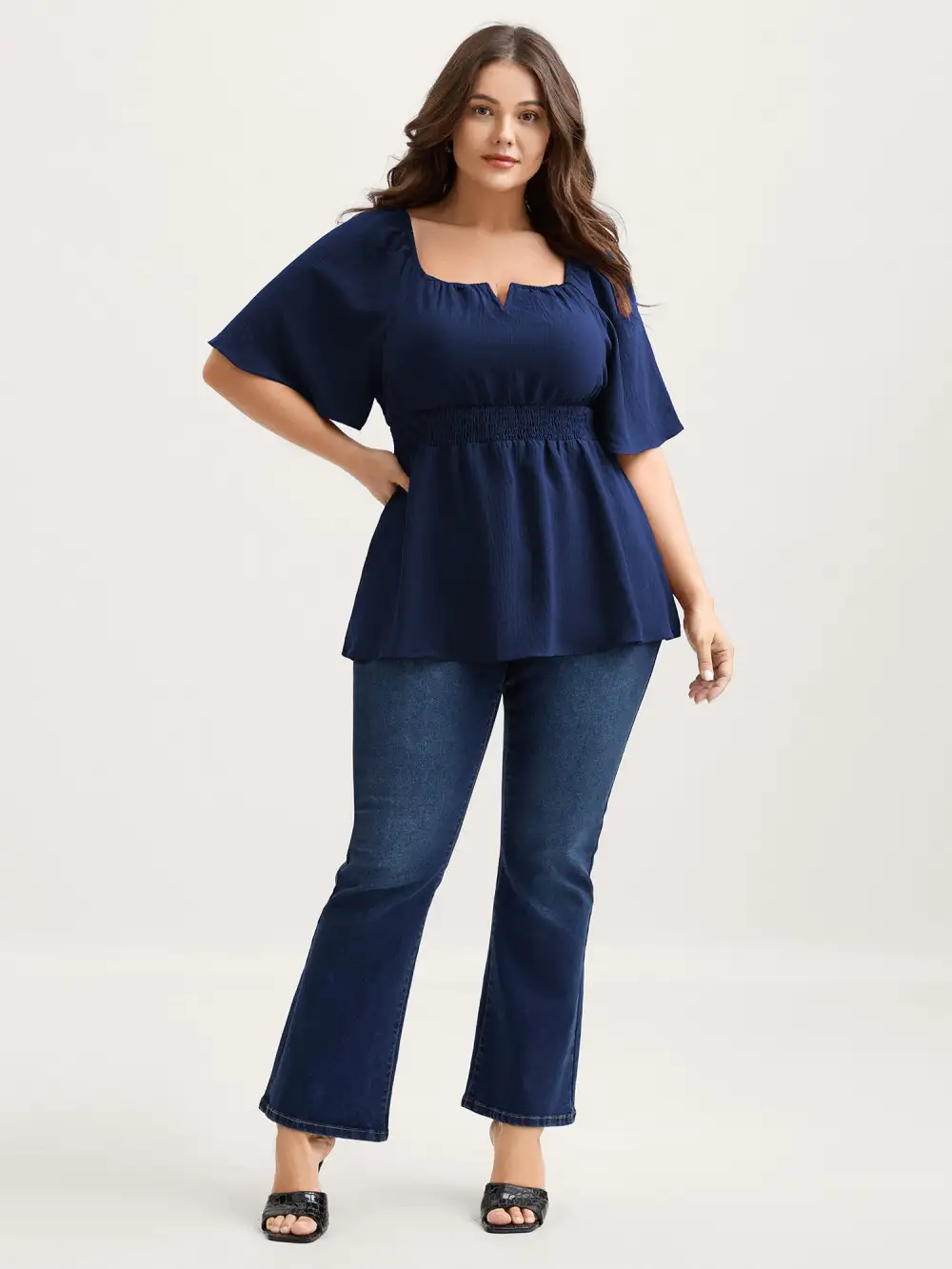 Stretchy Neckline Waist-Cinched Solid Blouse