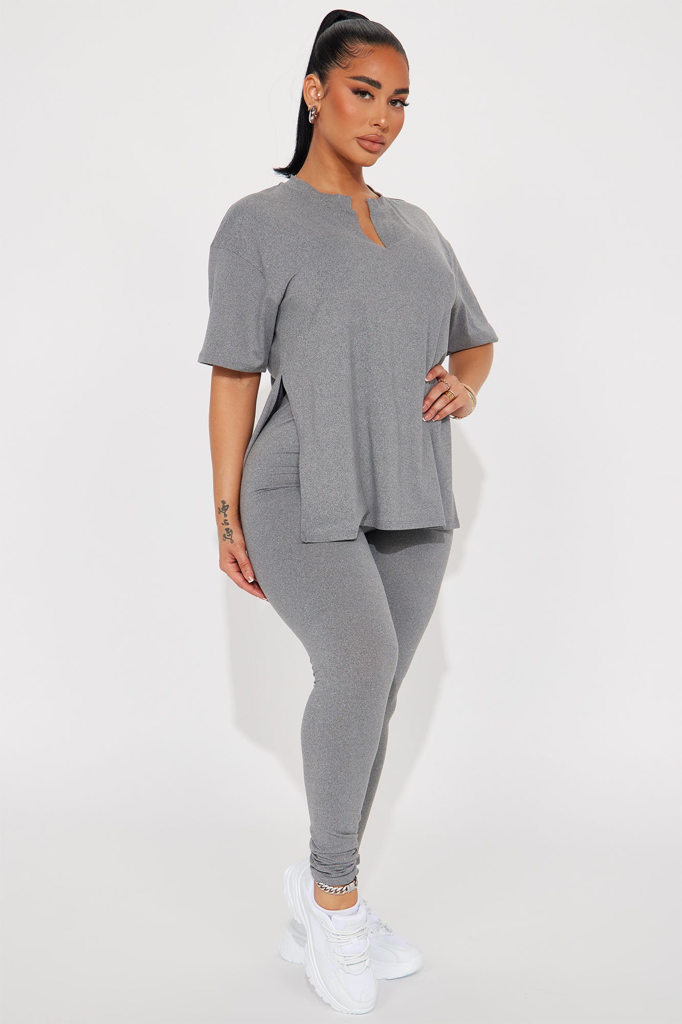 Lets Chill Together Short Sleeve Legging Set - Heather Grey