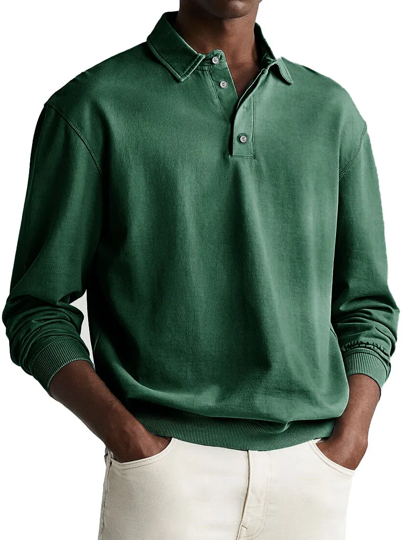 Men's Retro Distressed Comfortable Long Sleeve Lapel Polo Shirt