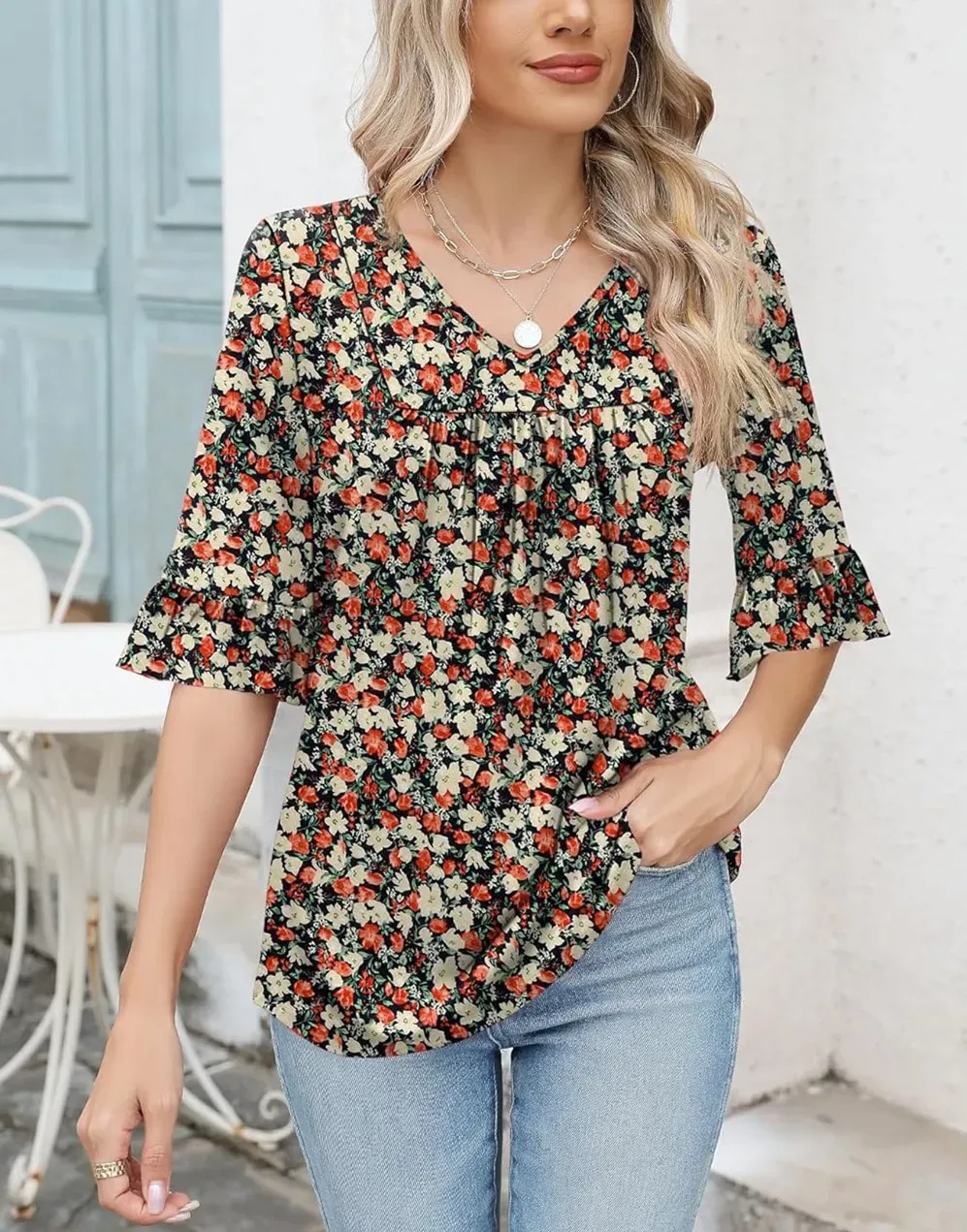✨WOMENS 3/4 LENGTH SLEEVE V-NECK CASUAL RUFFLE SLEEVE TUNIC BLOUSES