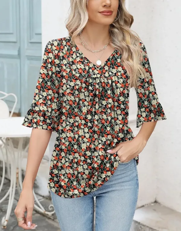 ✨WOMENS 3/4 LENGTH SLEEVE V-NECK CASUAL RUFFLE SLEEVE TUNIC BLOUSES