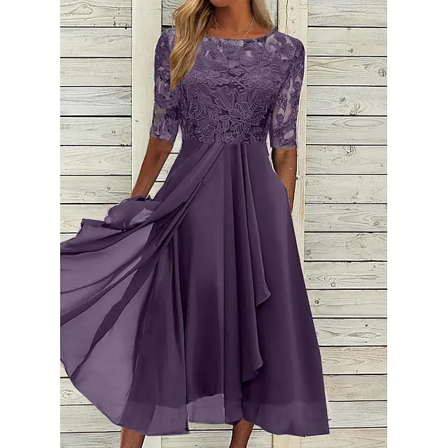 Women‘s Cocktail Party Dress Lace Dress Midi Dress Green Blue Purple Half Sleeve Floral Embroidery Lace Summer Spring Crew Neck Elegant Classic Wedding Guest 2023 S M L XL XXL 3XL