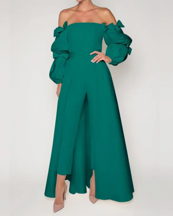 Puff Sleeve Jumpsuit Bow Satin Brocade
