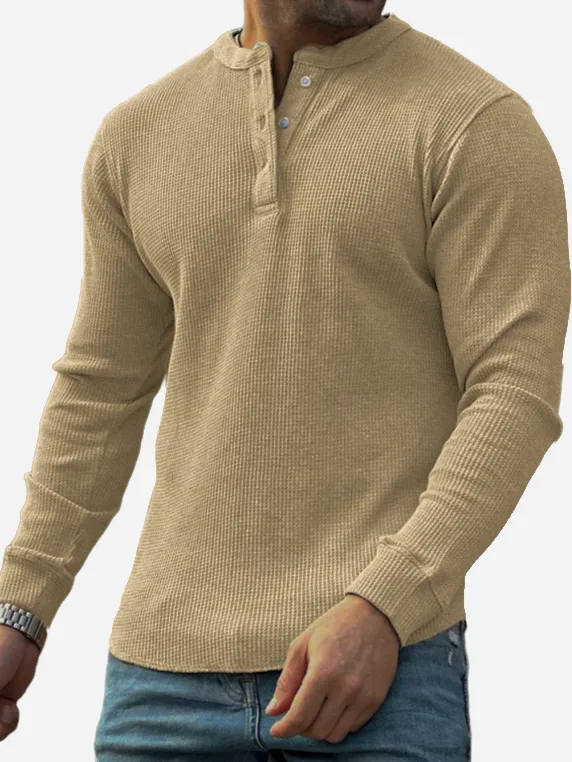 Men's Textured Waffle Trend Long Sleeve Lapel Henley