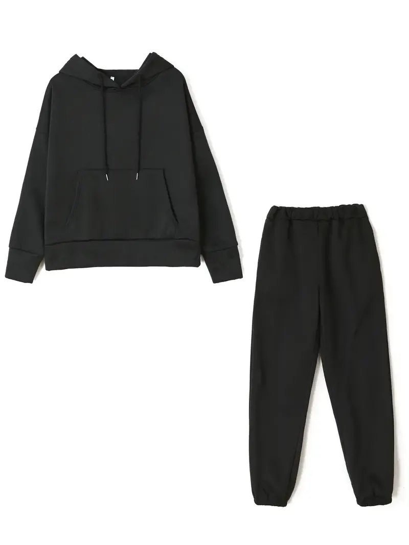 2PCS Oversized Athleisure Set: Solid Hooded Pocket Drawstring Sweatshirts & Sweatpants Sets for Women, Plus Size Comfortable Clothing