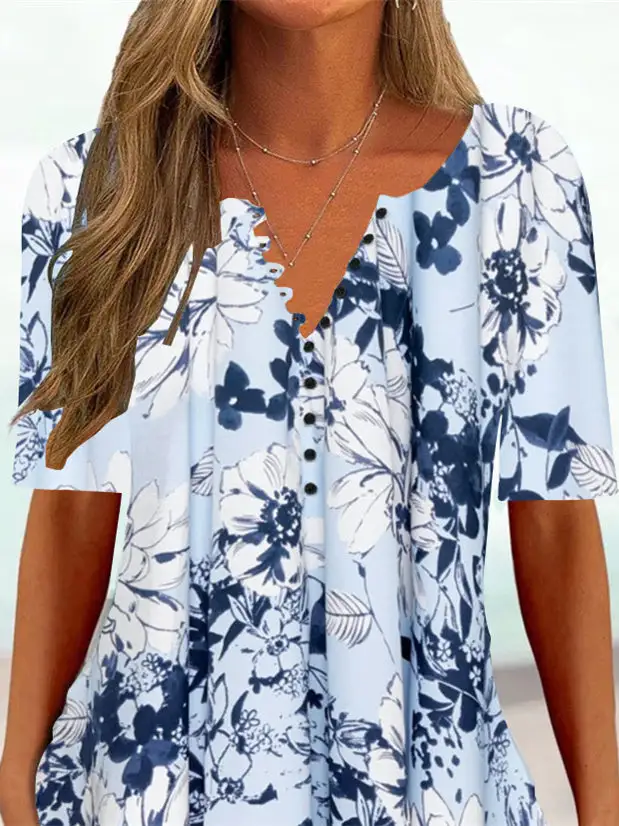 Women Half Sleeve V-neck Floral Printed Tops