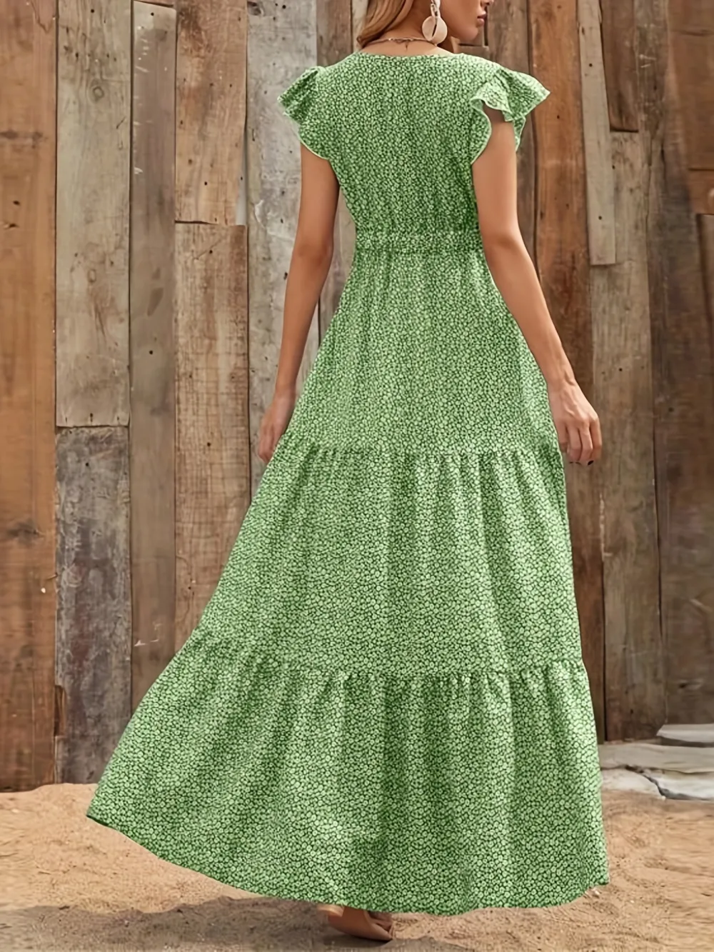 Ditsy Floral Print High Waist Dress, Elegant Ruffle Trim Sleeveless V Neck Maxi Dress, Women's Clothing