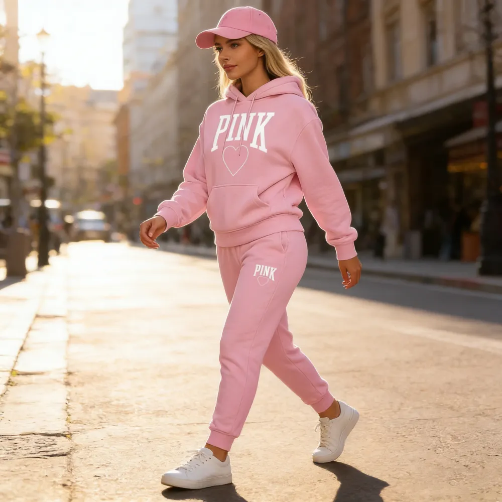 Women's Pink Heart Print Tracksuit