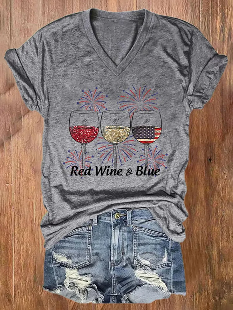 Women'S Red Wine And Blue V-Neck Short-Sleeved T-Shirt