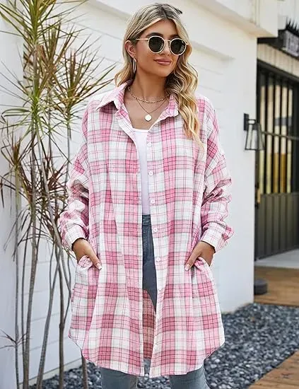 Women's Button Down Flannel Shirts Plaid Shacket Long Sleeve Collared Long Jacket Coats