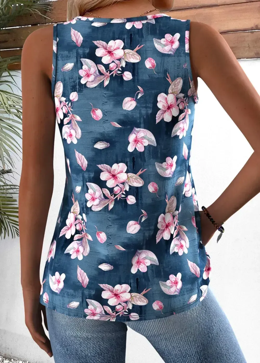 Denim Blue Random Floral Print Sleeveless Tank Top