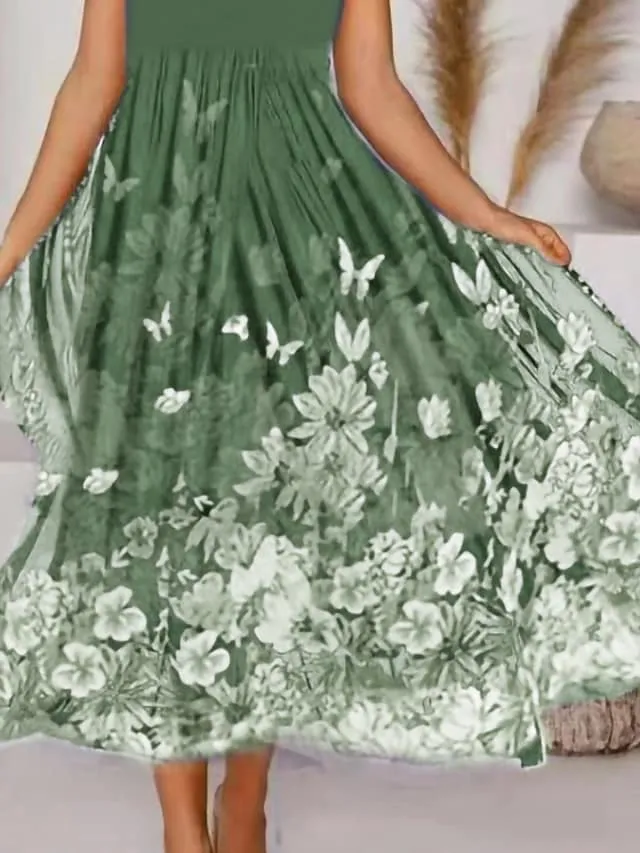 Women‘s A Line Dress Midi Dress Green Blue Short Sleeve Floral Print Spring Summer V Neck Elegant Casual Vintage 2023 S M L XL XXL 3XL