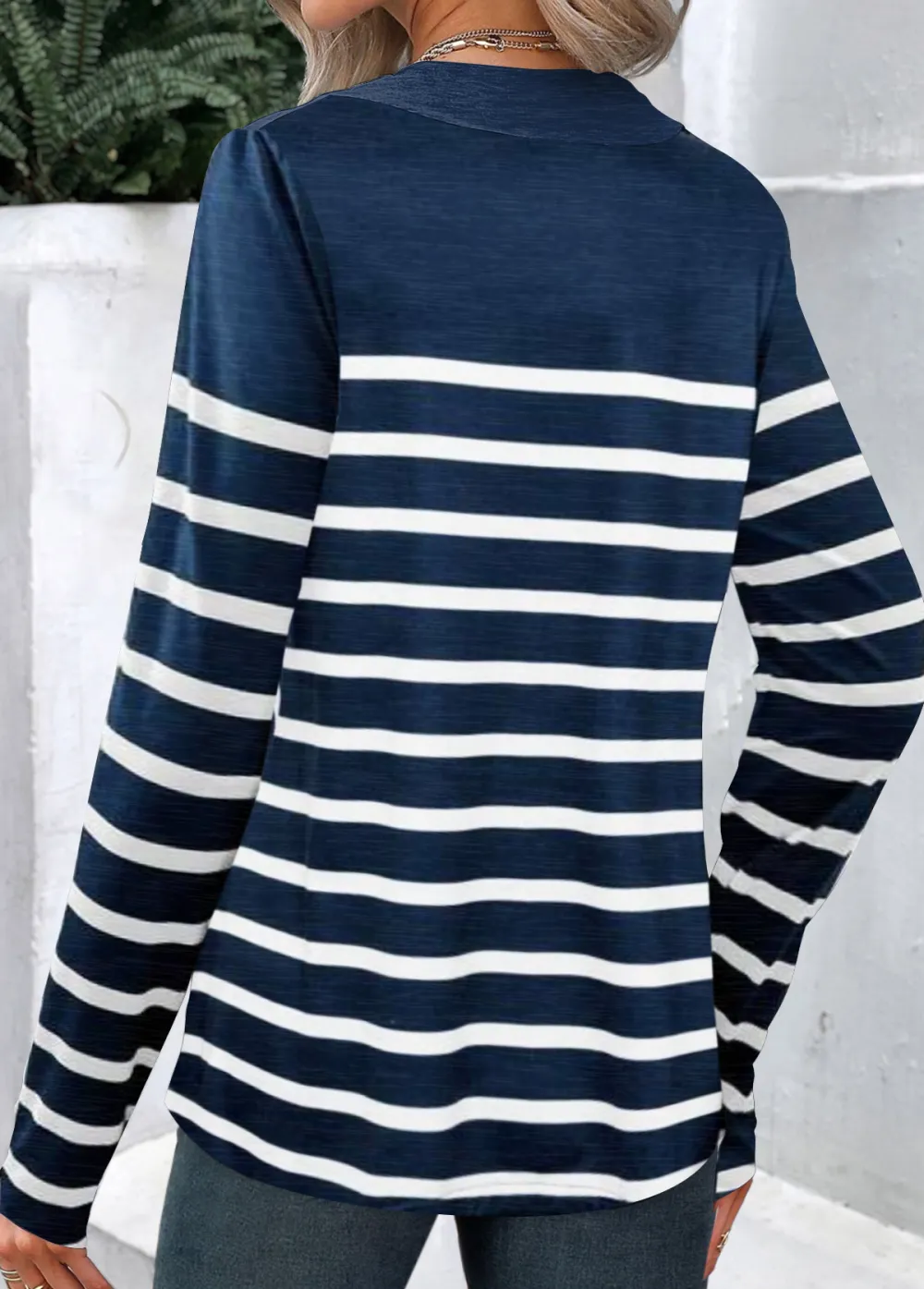 Navy Button Striped Long Sleeve T Shirt