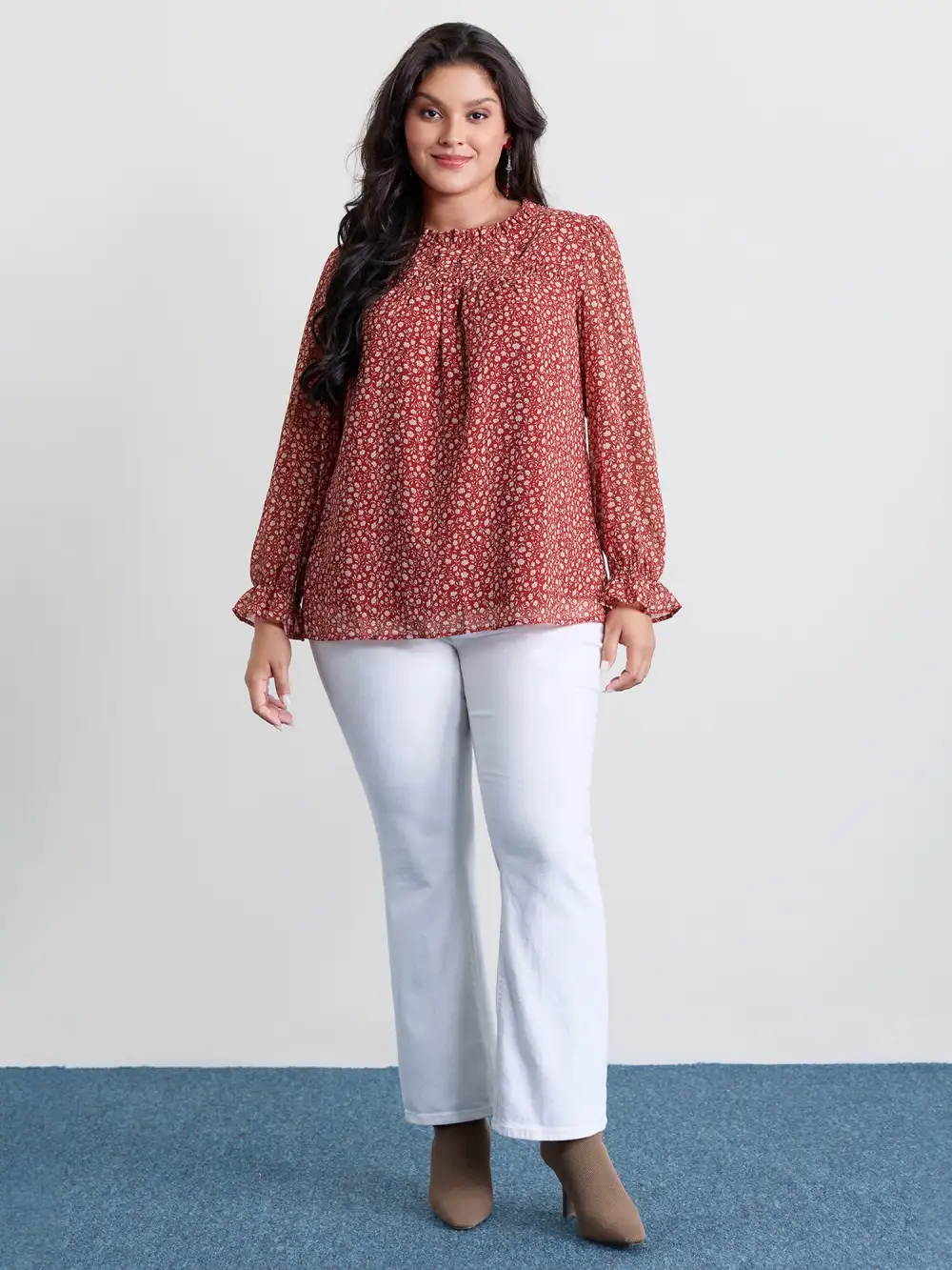 Chiffon Silhouette Flower Ruffled Neck Blouse