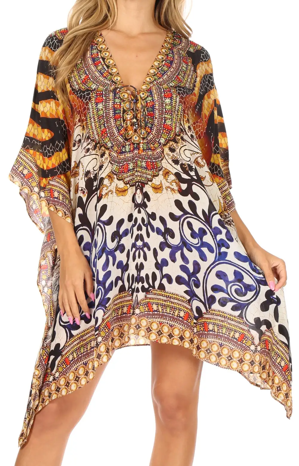 Women's Caftan Poncho Cover up V neck Top Lace up With Rhinestone