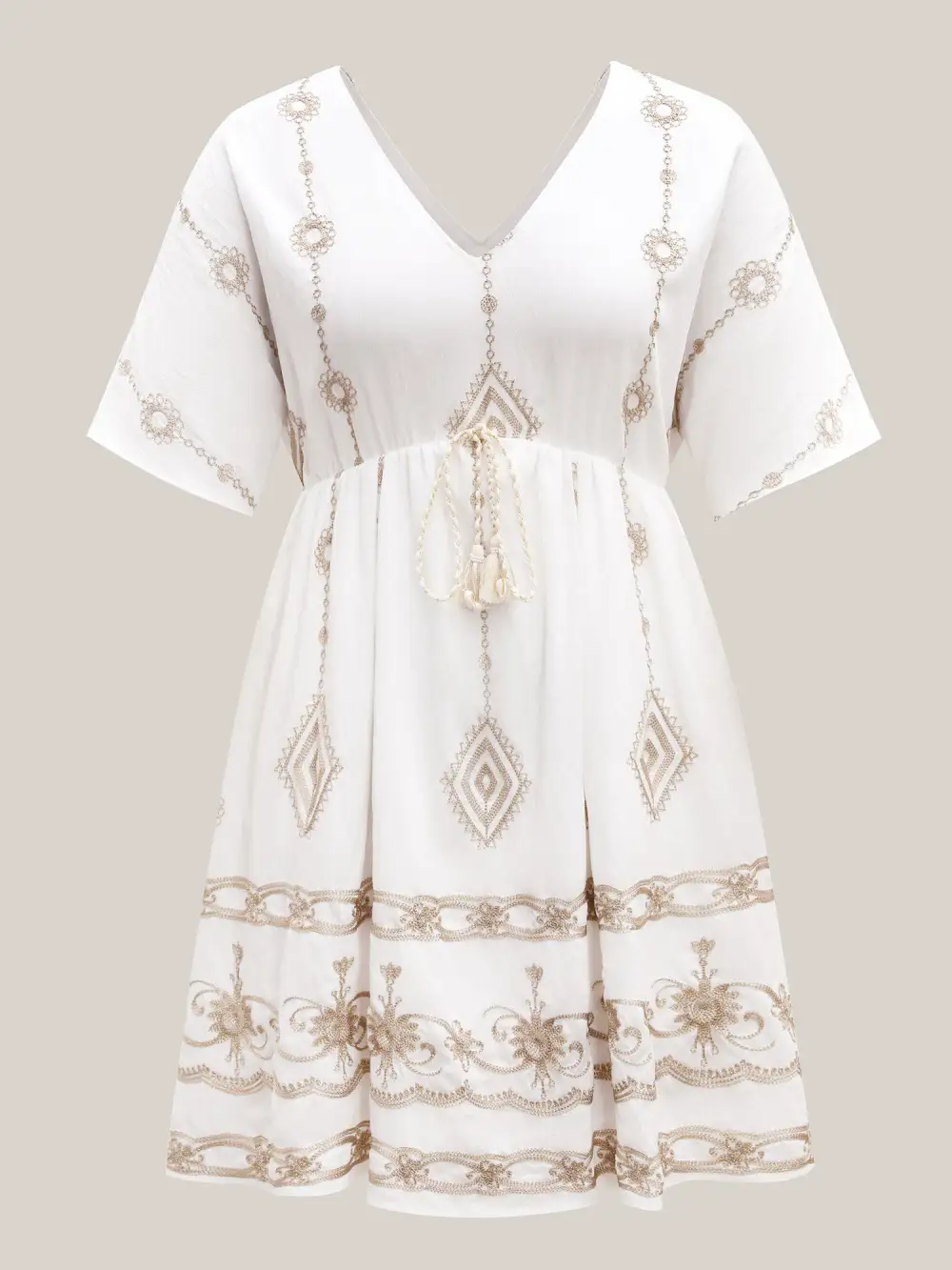 Boho Embroidered Waist Tie Midi Dress