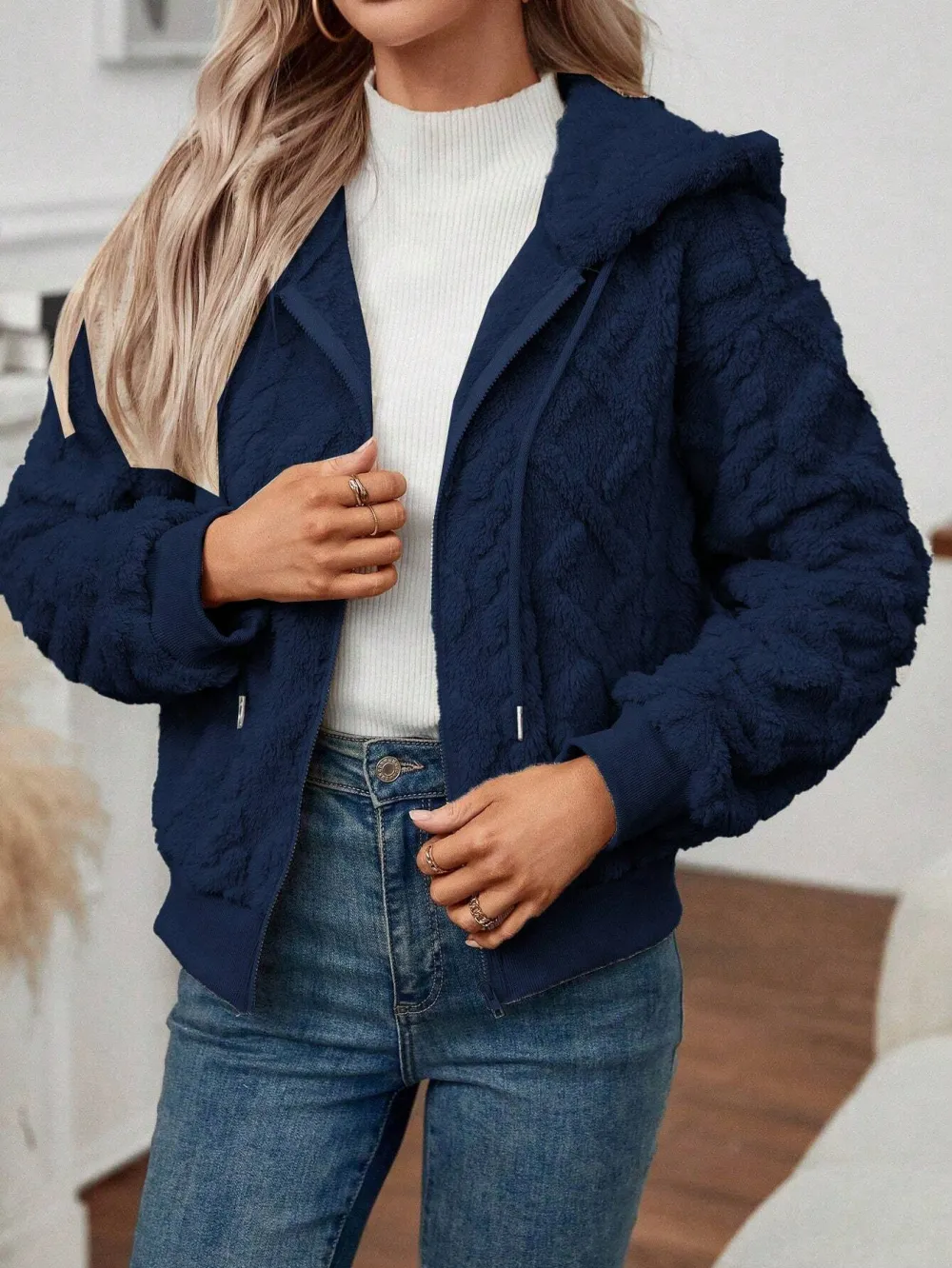 Women's Black Textured Plush Hooded Jacket
