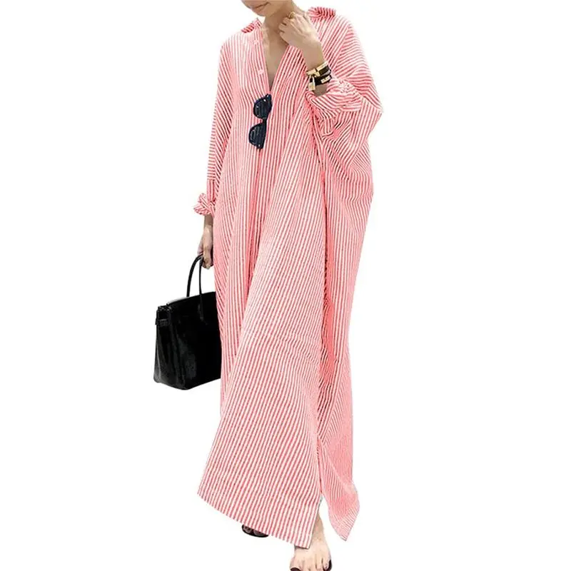 Women's Striped Cotton Maxi Shirt Dress – Casual Loose Fit, Long Sleeve, Button Down