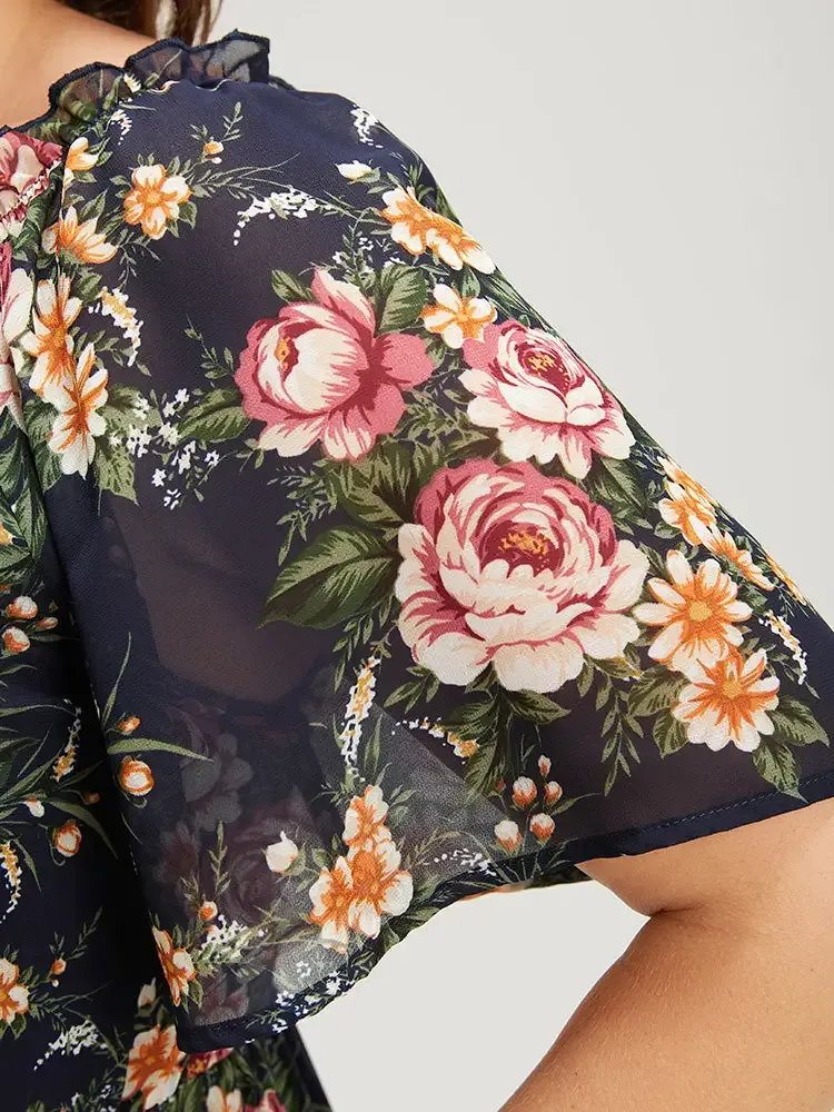 Floral Print Ruched Pocket Frill Trim Ruffle Arc Hem Dress