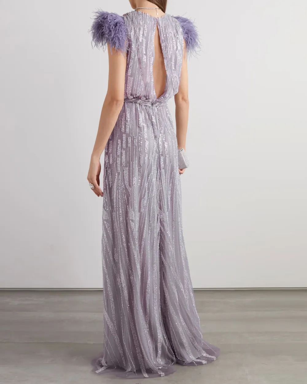 Feather-trimmed embellished tulle wide-leg jumpsuit