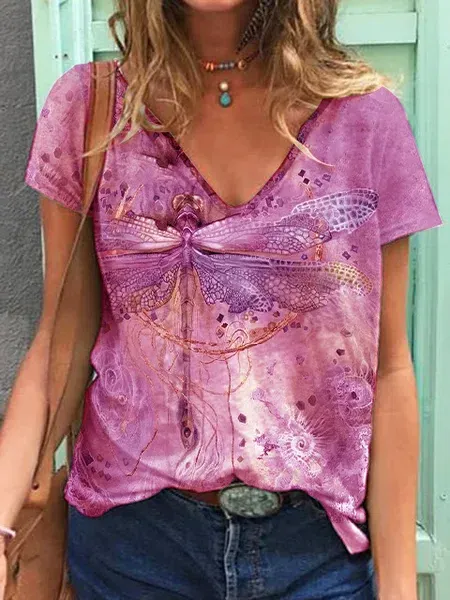V Neck Dragonfly Print Casual Loose Knit T-Shirt/Tee