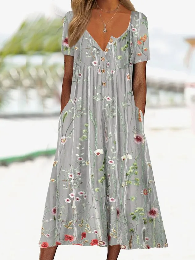 Gradient Flower Loose Long Dress Half Open Button Pocket Dress
