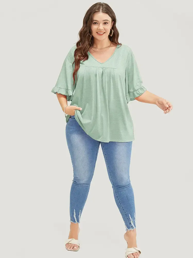 Solid Gathered Ruffle Trim Flounce Sleeve T-shirt