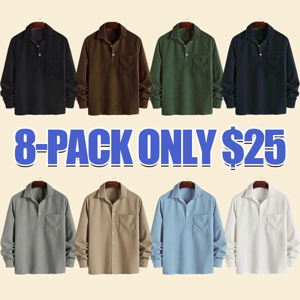 Men's Plain Pocket Half Button Corduroy Shirt, Casual Comfy Regular Fit Long Sleeve Collared Top For Fall & Winter