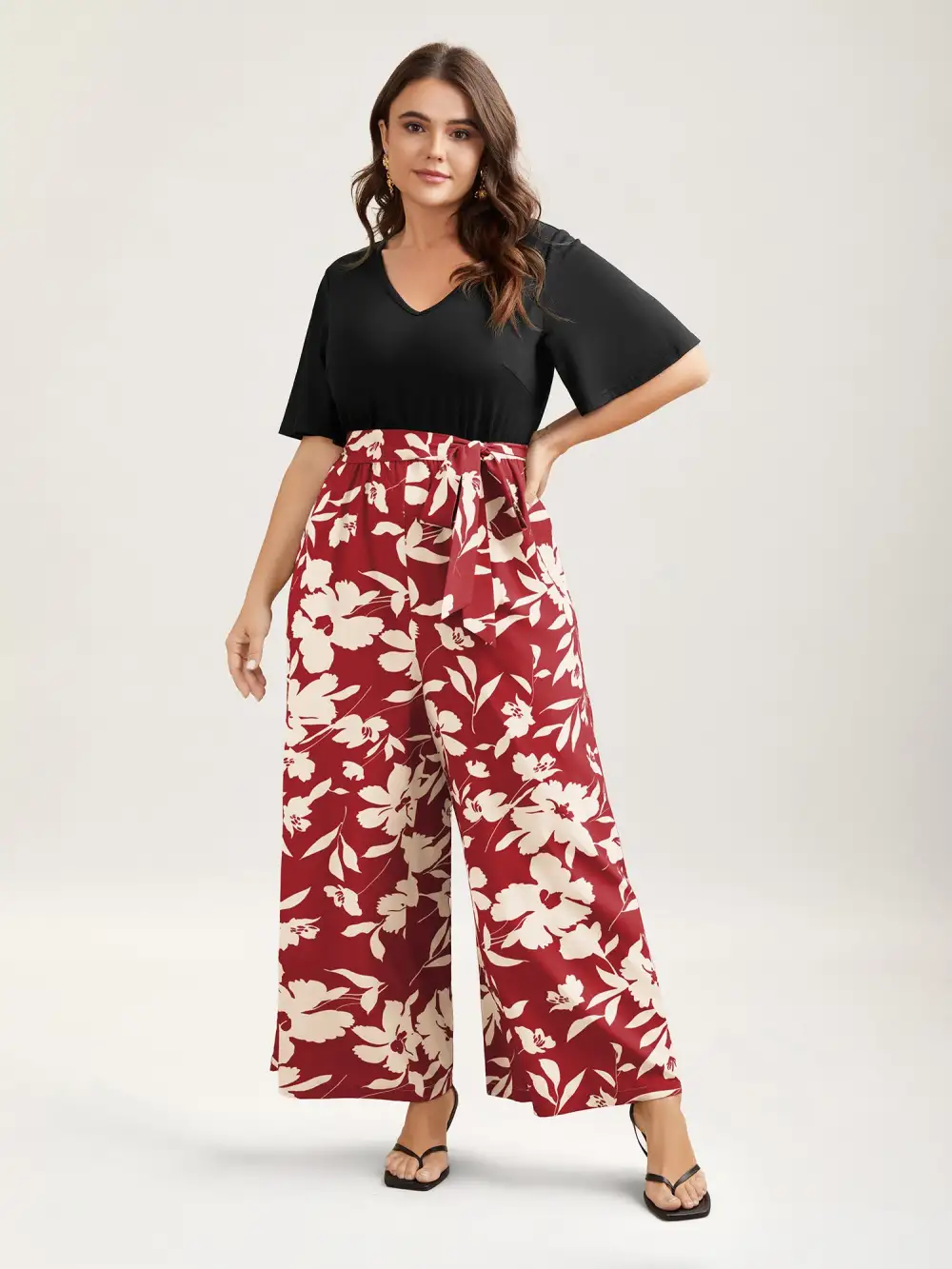 Floral Print Spliced Belted Wide-Leg Jumpsuit